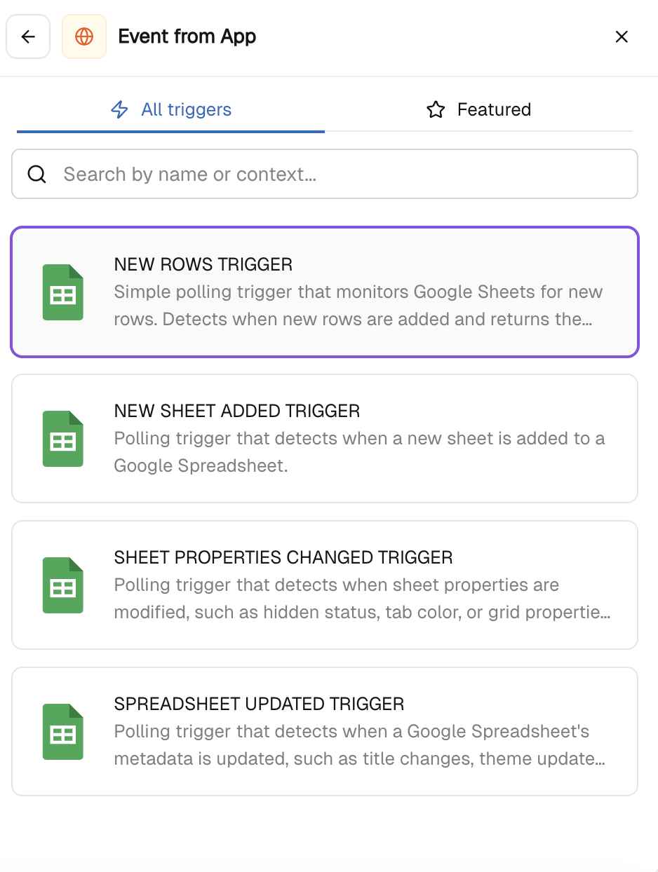 Event from App screen showing Google Sheets triggers with New Rows Trigger selected 
